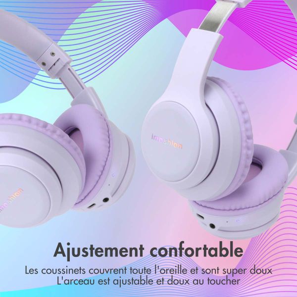 imoshion Casque sans fil pour enfants LED Light - Limiteur de décibels - Avec câble AUX - Lavender Lilac