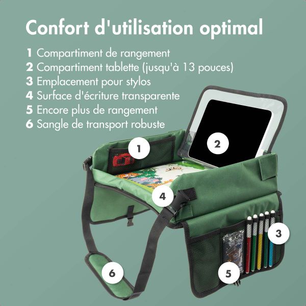 imoshion Table de voyage - Support de tablette voiture - 7 compartiments de rangement - Inclus 2 coloriages - Vert