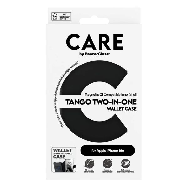 CARE by PanzerGlass Étui de télephone portefeuille Tango 2 en 1 avec MagSafe Apple iPhone 16e - Black