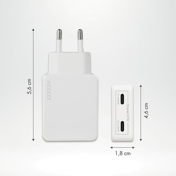 Accezz Chargeur GaN Ultra Slim - 2x USB-C - 65 W - Blanc