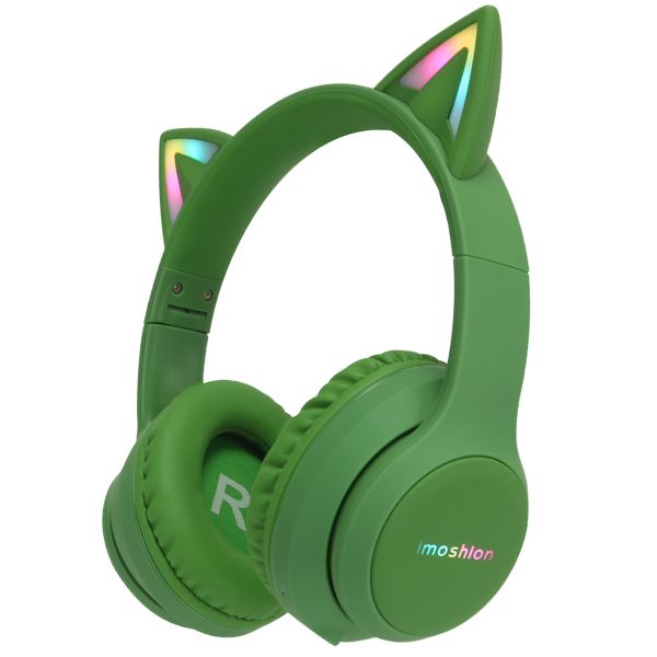 imoshion Casque pour enfants Bluetooth LED oreilles de chat - Casque sans fil + Câble AUX - Vert