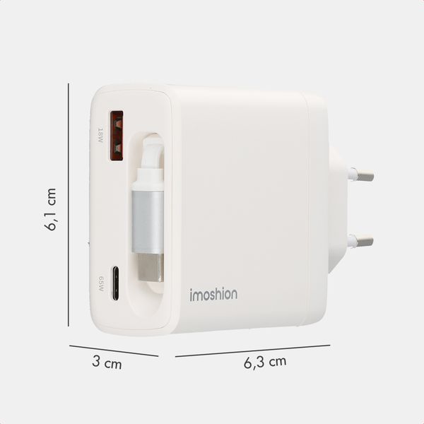 imoshion Chargeur GaN avec câble USB-C rétractable 65W - USB-A + USB-C - Blanc