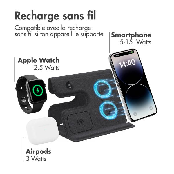 imoshion 3-en-1 Chargeur sans fil pliable Apple | iPhone + AirPods + Apple Watch - Gris