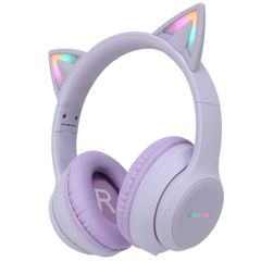 imoshion Casque sans fil pour enfants LED Light Cat Ear - Limiteur de décibels - Avec câble AUX - Lavender Lilac