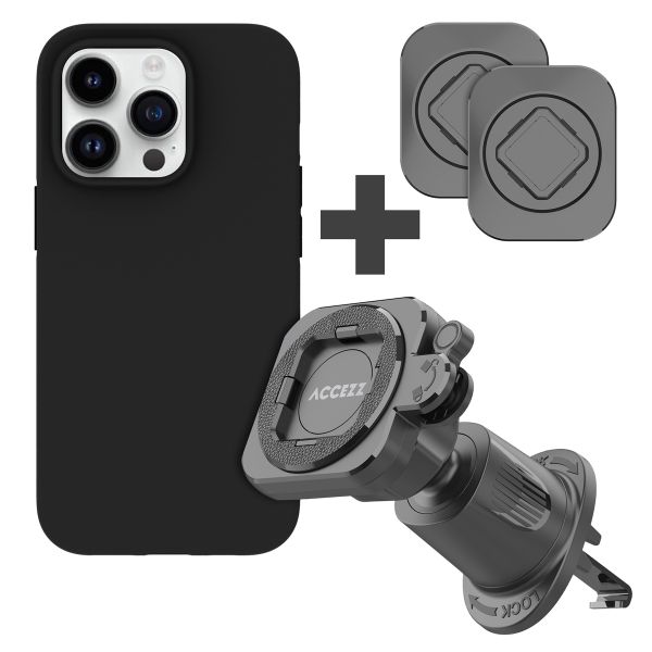 Accezz EasyLock Support de téléphone de voiture - Avec coque Apple iPhone 15 Pro - Grille de ventilation - Rotation à 360 degrés - Noir