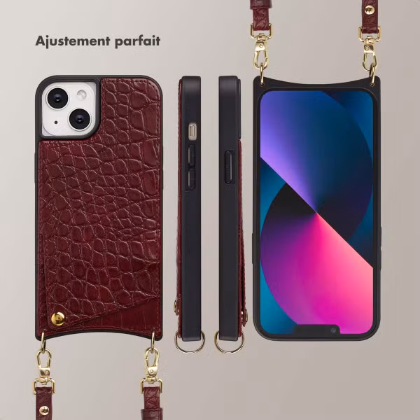 Selencia Coque de télephone Nova Croco avec cordon et porte-cartes Apple iPhone 14 / 13 - Burgundy