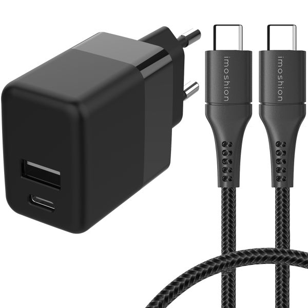 imoshion Chargeur Mural avec câble USB-C vers USB-C - Chargeur - Textile tissé - 20 Watt - 0,25 mètre - Noir