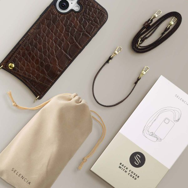 Selencia Coque de télephone Nova Croco avec cordon et porte-cartes Apple iPhone 16 - Choco Brown