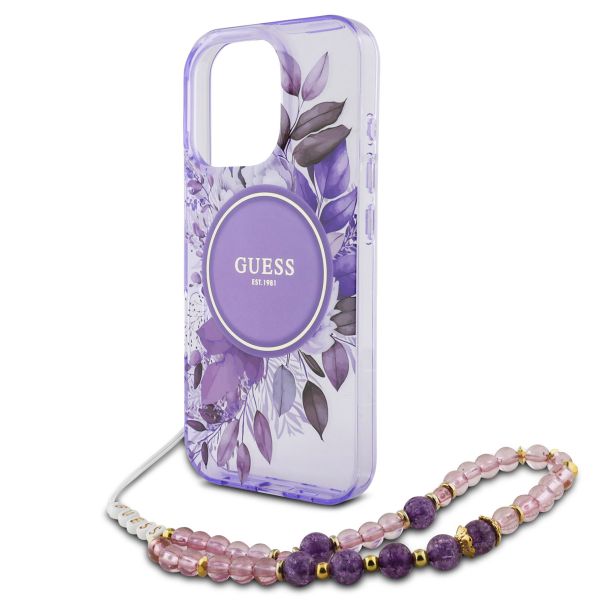 Guess MagSafe IML Flowers Case avec beads strap Apple iPhone 16 Pro Max - Purple
