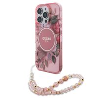 Guess MagSafe IML Flowers Case avec beads strap iPhone 15 Pro - Pink