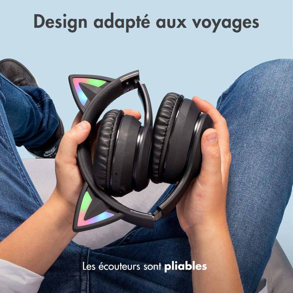 imoshion Casque sans fil pour enfants LED Light Cat Ear - Limiteur de décibels - Avec câble AUX - Noir