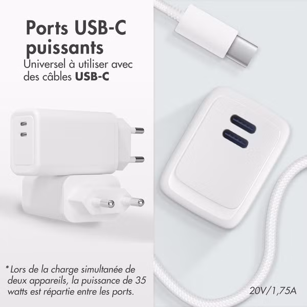 imoshion Adaptateur secteur 35 watts | Avec 2 ports USB-C - Blanc