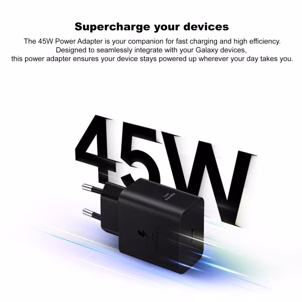 Samsung Adaptateur secteur original avec câble USB-C - Chargeur - Connexion USB-C et USB - Charge rapide - 45 Watt - 1,8 mètres - Noir