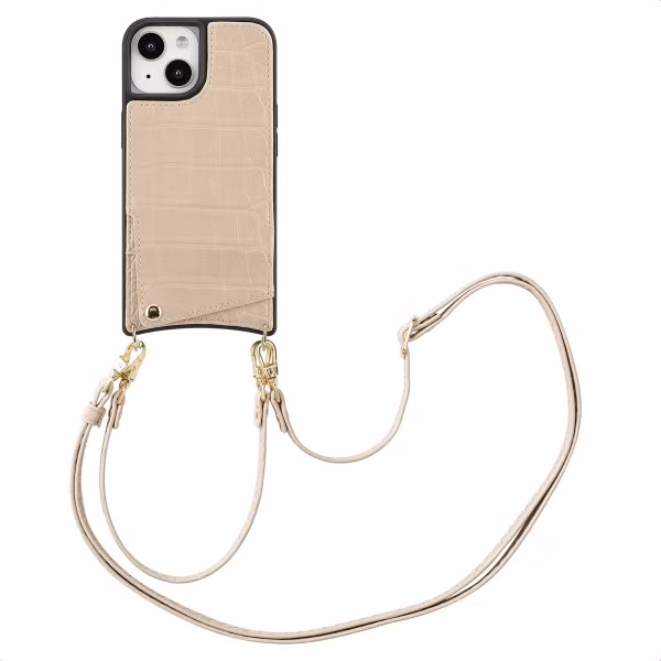 Selencia Coque de télephone Nova Croco avec cordon et porte-cartes Apple iPhone 15 - Beige