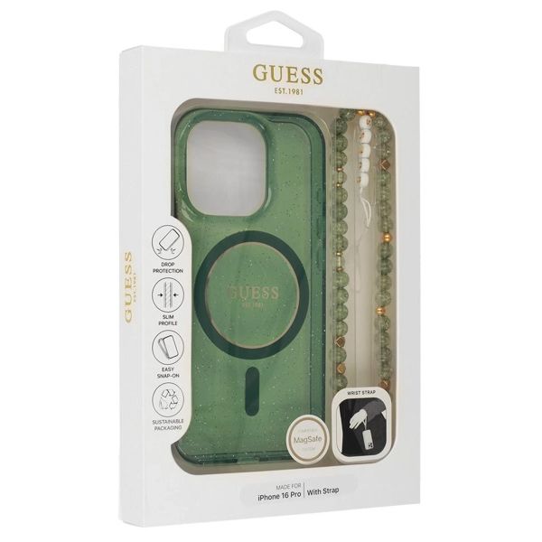 Guess MagSafe IML Glitter Case avec beads strap Apple iPhone 16 - Green