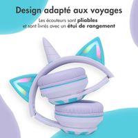 imoshion Casque sans fil pour enfants Unicorn LED Light - Limiteur de décibels - Avec câble AUX - Lavender Lilac / Soft Blue