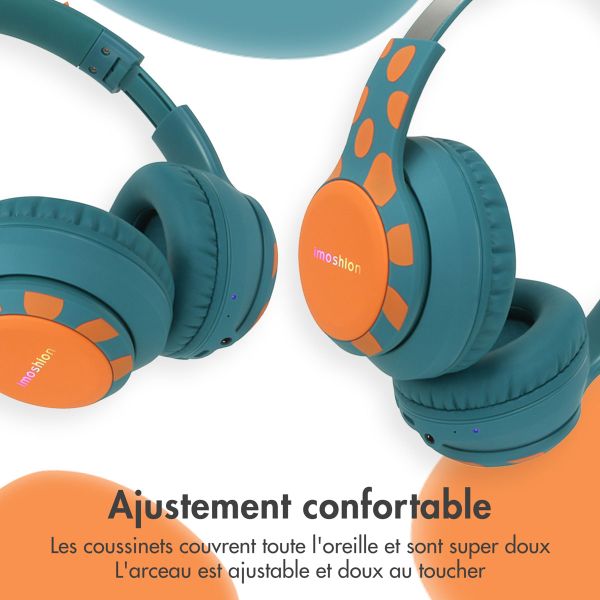 imoshion Casque sans fil pour enfants Dino LED Light - Limiteur de décibels - Avec câble AUX - Petrol Green / Orange