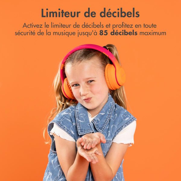 imoshion Casque pour enfants Bluetooth LED - Casque sans fil avec limiteur de décibels + Câble AUX - Hot Pink / Apricot Crush Orange