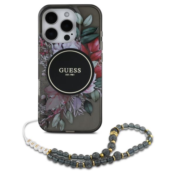 Guess MagSafe IML Flowers Case avec beads strap iPhone 15 Pro - Black