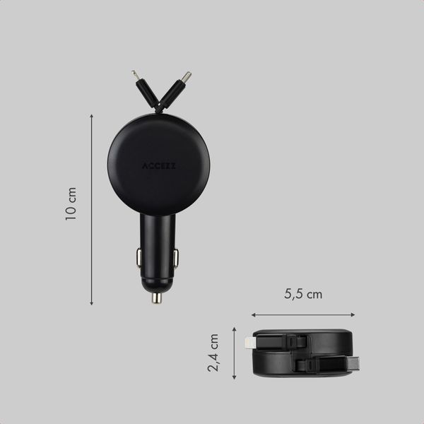 Accezz Chargeur voiture avec câbles rétractables – USB-C / Lightning – 57W – Noir