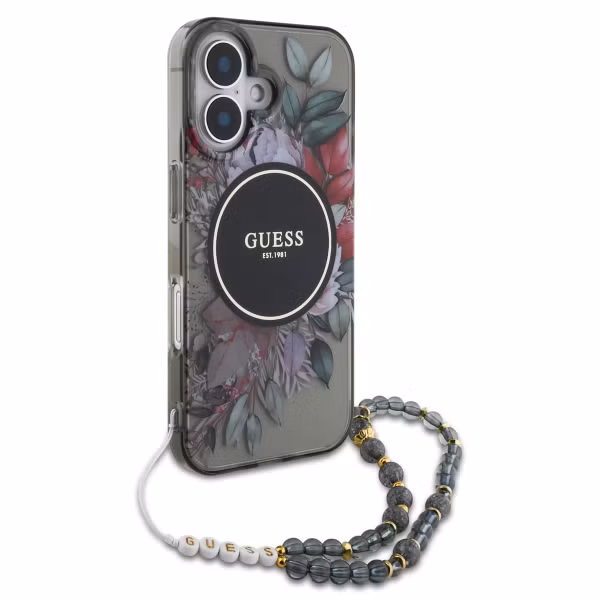 Guess MagSafe IML Flowers Case avec beads strap Apple iPhone 16 - Noir