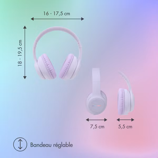 imoshion Casque sans fil pour enfants LED Light - Limiteur de décibels - Avec câble AUX - Lavender Lilac