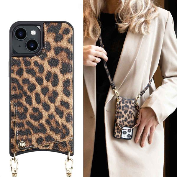 Selencia Coque arrière avec cordon et porte-cartes Nova iPhone 14 - Leopard