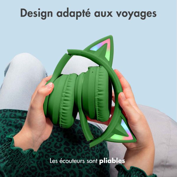 imoshion Casque pour enfants Bluetooth LED oreilles de chat - Casque sans fil + Câble AUX - Vert