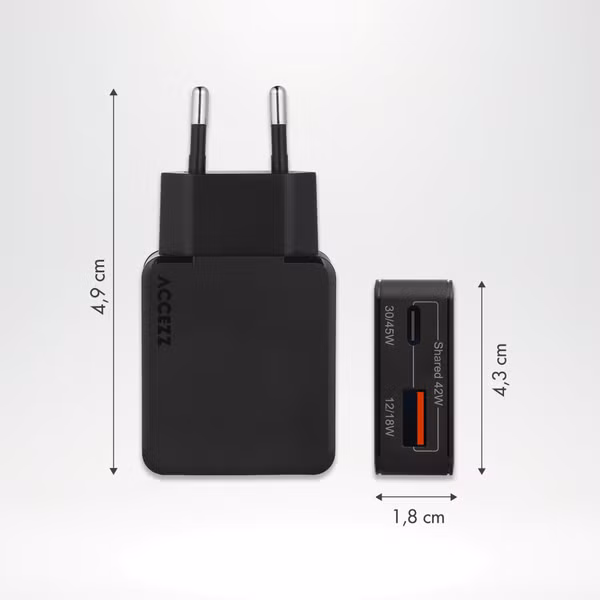 Accezz Chargeur GaN Ultra Slim - USB-C + USB-A - 45 W - Noir
