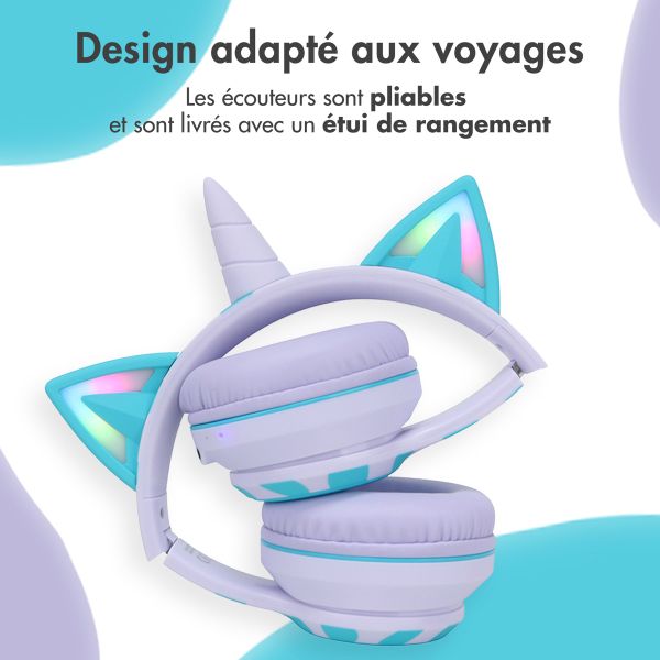 imoshion Casque sans fil pour enfants Unicorn LED Light - Limiteur de décibels - Avec câble AUX - Lavender Lilac / Soft Blue