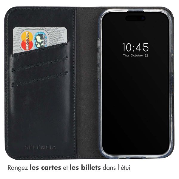 Selencia Étui portefeuille en cuir véritable Apple iPhone 16 Plus - Noir