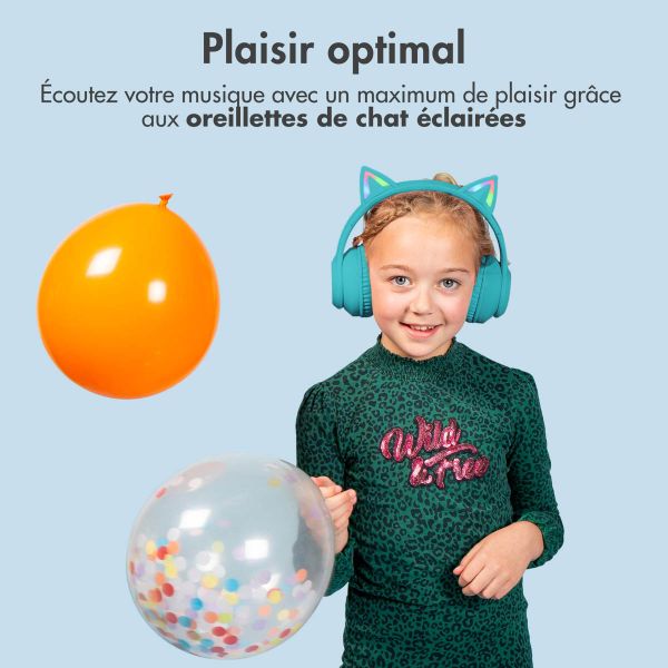 imoshion Casque sans fil pour enfants LED Light Cat Ear - Limiteur de décibels - Avec câble AUX - Bleu clair