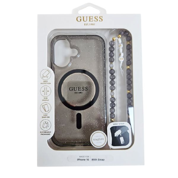 Guess MagSafe IML Glitter Case avec beads strap Apple iPhone 16 - Noir