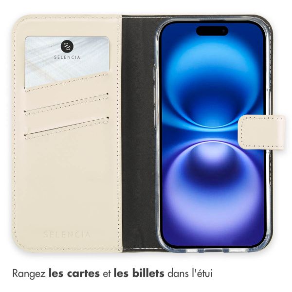 Selencia Étui de téléphone portefeuille en cuir véritable iPhone 16 - Greige