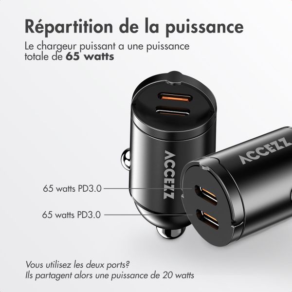 Accezz Chargeur de voiture | Chargeur rapide avec 2 ports - 2x USB-C 65 watts - Noir