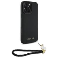 Guess Coque Grained MagSafe avec Flower Charm Strap iPhone 16 Pro - Noir