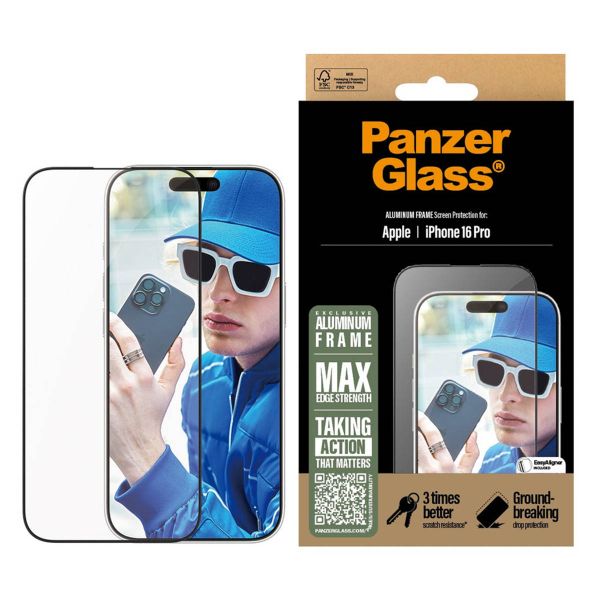 PanzerGlass Protector d'écran avec cadre en aluminium Ultra Wide Fit avec applicateur iPhone 16 Pro