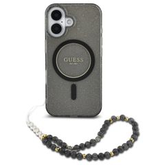 Guess MagSafe IML Glitter Case avec beads strap Apple iPhone 16 - Noir