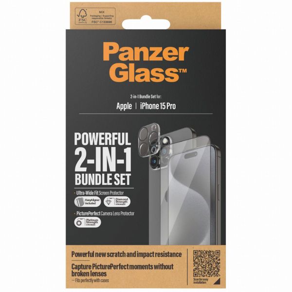 PanzerGlass ﻿Pack 2-en-1 - Protection d'écran antibactérienne Ultra-Wide Fit avec applicateur + Protection de caméra Apple iPhone 15 Pro
