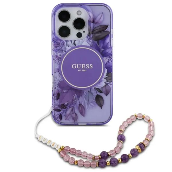 Guess MagSafe IML Flowers Case avec beads strap iPhone 15 - Purple