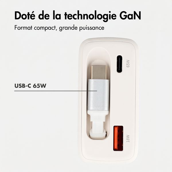 imoshion Chargeur GaN avec câble USB-C rétractable 65W - USB-A + USB-C - Blanc