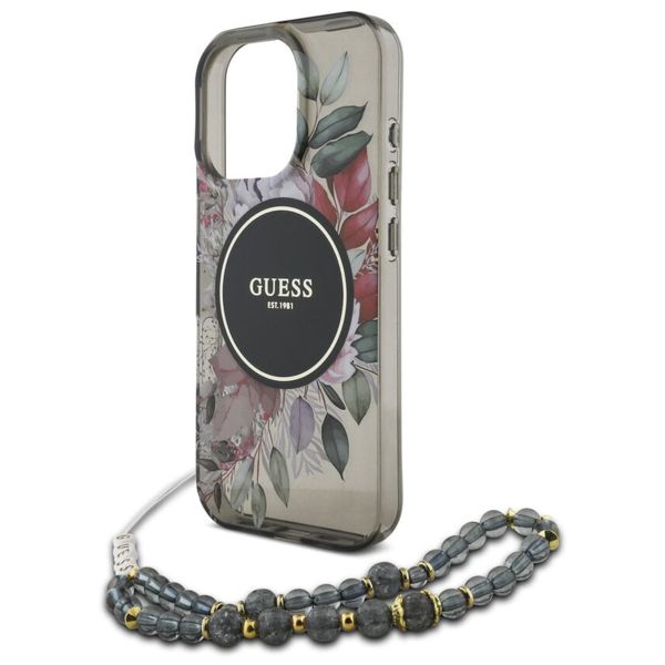 Guess MagSafe IML Flowers Case avec beads strap iPhone 15 Pro Max - Black