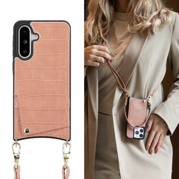 Selencia Coque de télephone Nova Croco avec cordon et porte-cartes Samsung Galaxy A36 / A56 - Old Pink