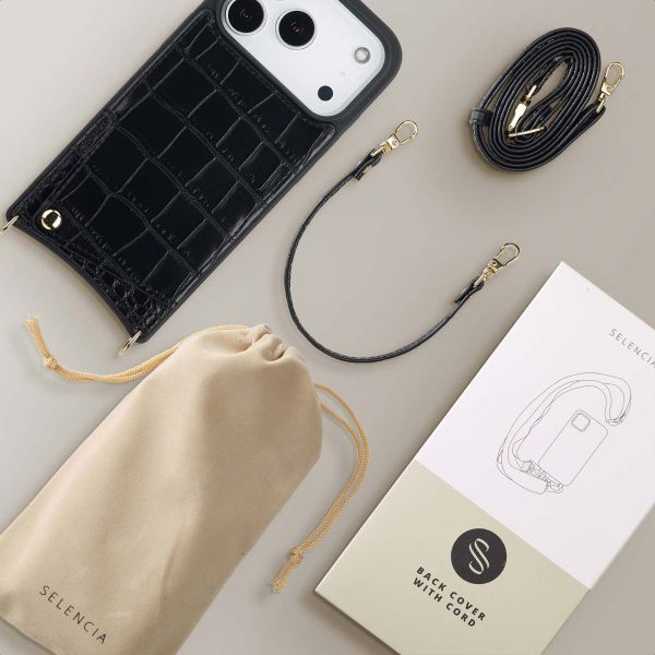Selencia Coque de télephone Nova Croco avec cordon et porte-cartes Apple iPhone 17 Pro - Noir