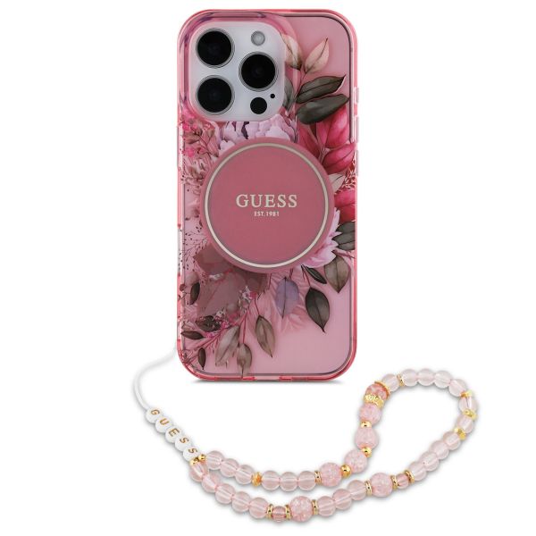 Guess MagSafe IML Flowers Case avec beads strap iPhone 16 Pro Max - Pink