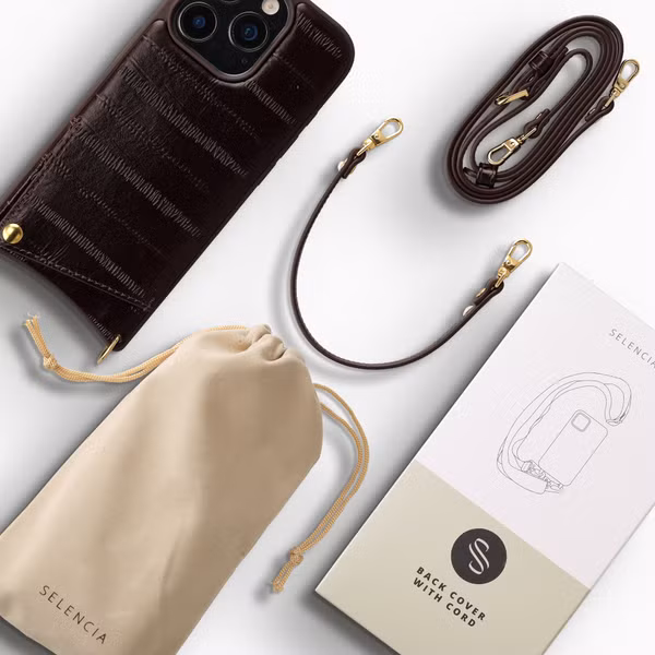 Selencia Nova coque arrière en cuir véritable avec porte-cartes Apple iPhone 16 Pro - Dark Chocolate