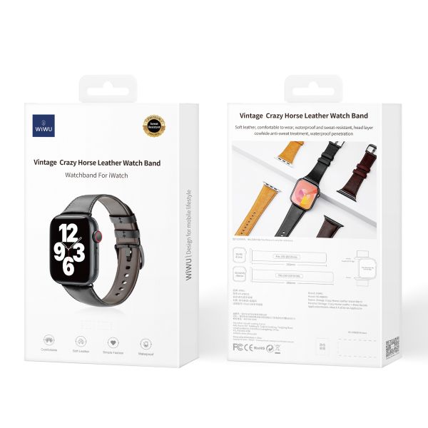 WiWu Bracelet vintage en cuir Apple Watch Series 1 t/m 11 / SE / Ultra (44/45/46/49 mm) - Noir