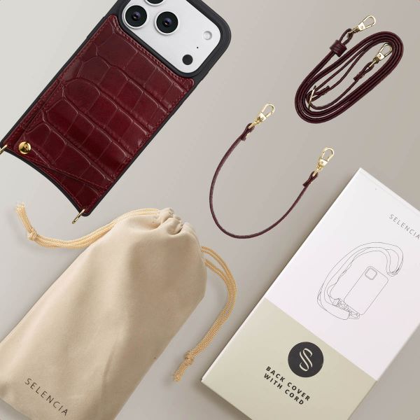Selencia Coque de télephone Nova Croco avec cordon et porte-cartes Apple iPhone 17 Pro - Burgundy