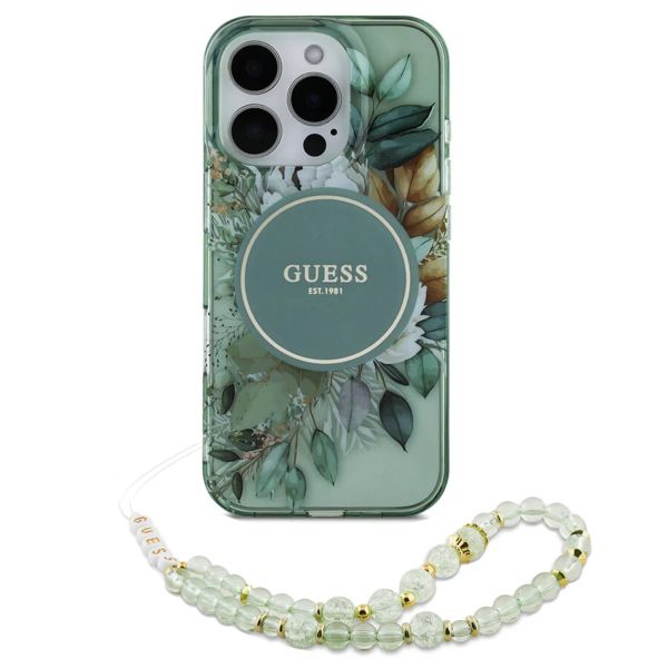 Guess MagSafe IML Flowers Case avec beads strap iPhone 15 - Green