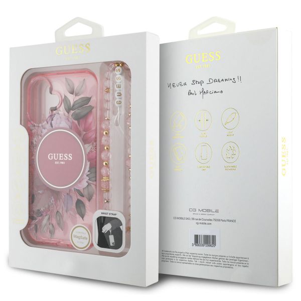 Guess MagSafe IML Flowers Case avec beads strap Apple iPhone 16 - Pink